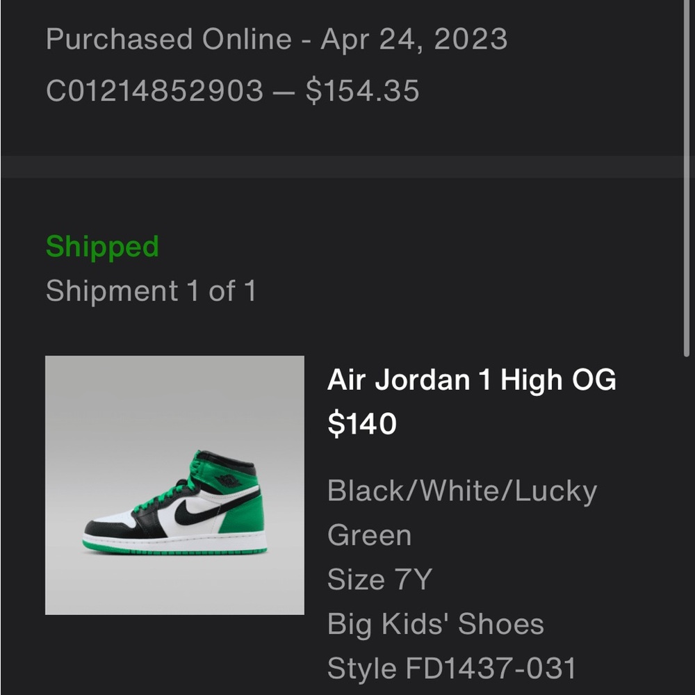 Air Jordan 1 High OG | Black/White/Lucky Green | Size 7Y